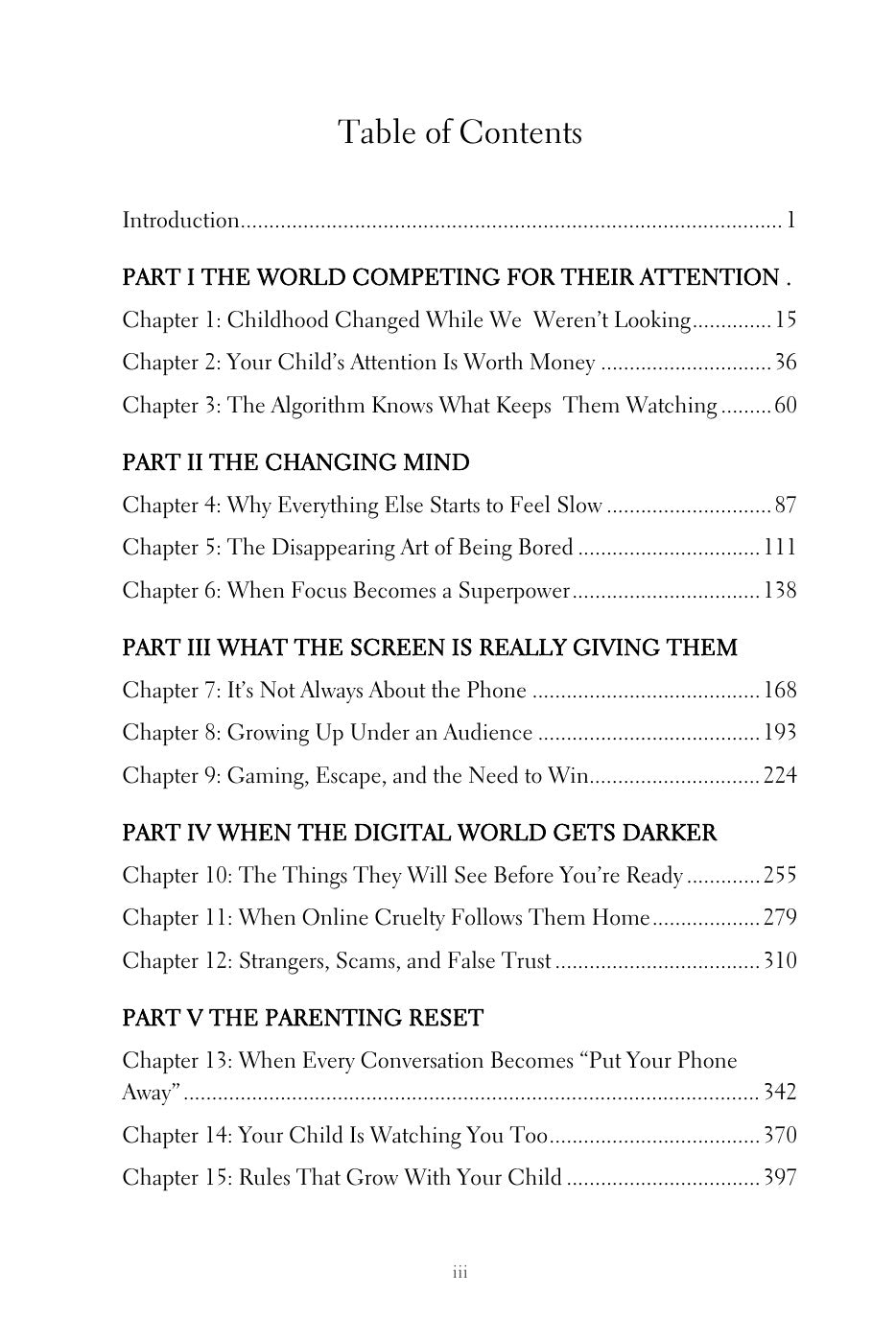 Table of contents: Parts I to V
